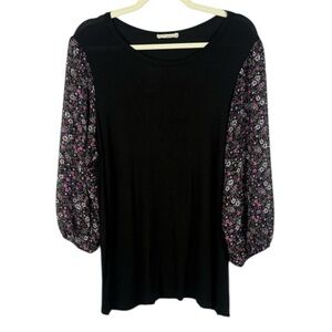 Pebble and Stone Black Floral Patterned Semi Sheer Bell Long Sleeves Blouse